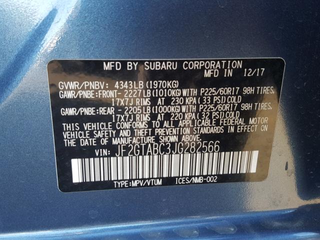 JF2GTABC3JG282566 - 2018 SUBARU CROSSTREK BLUE photo 10