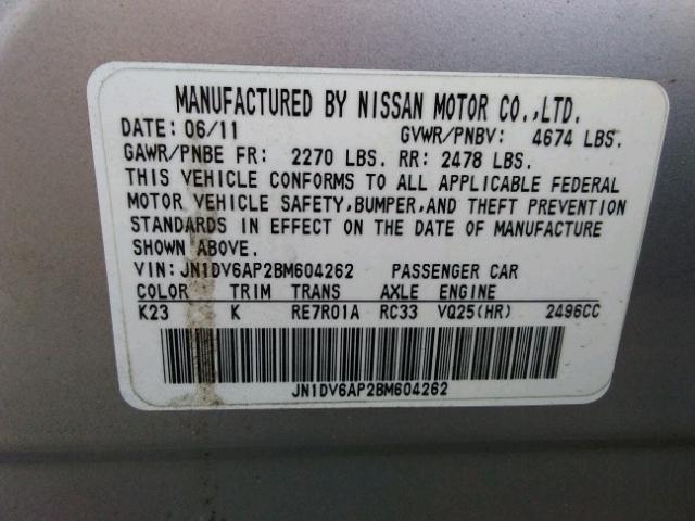 JN1DV6AP2BM604262 - 2011 INFINITI G25 BASE SILVER photo 10