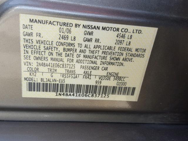 1N4BA41E06C837125 - 2006 NISSAN MAXIMA SE SILVER photo 10