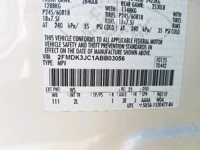 2FMDK3JC1ABB03056 - 2010 FORD EDGE SEL WHITE photo 10