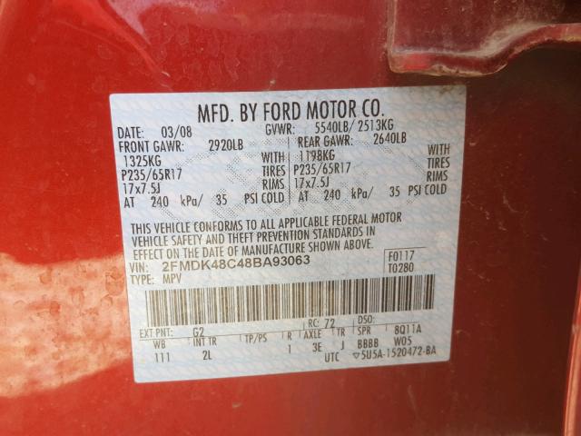 2FMDK48C48BA93063 - 2008 FORD EDGE SEL RED photo 10