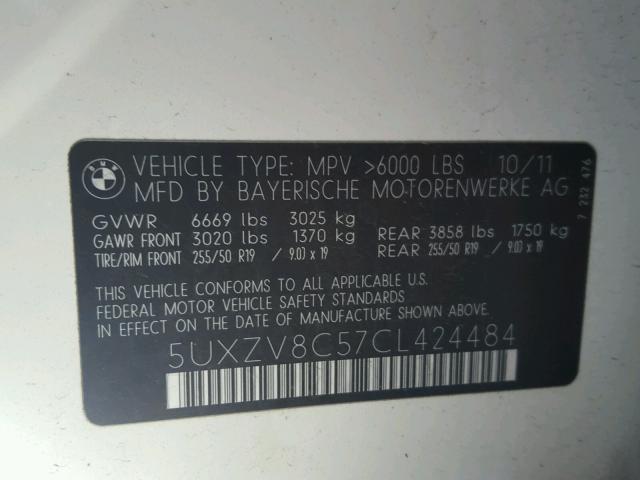 5UXZV8C57CL424484 - 2012 BMW X5 XDRIVE5 WHITE photo 10