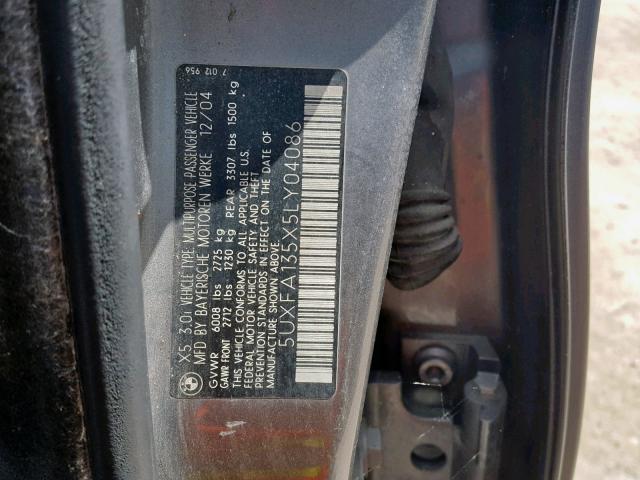 5UXFA135X5LY04086 - 2005 BMW X5 3.0I GRAY photo 10