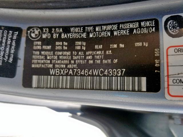 WBXPA73464WC43937 - 2004 BMW X3 2.5I BLUE photo 10