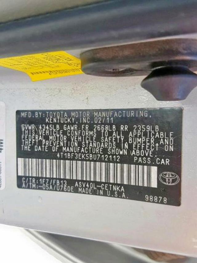 4T1BF3EK5BU712112 - 2011 TOYOTA CAMRY BASE SILVER photo 10