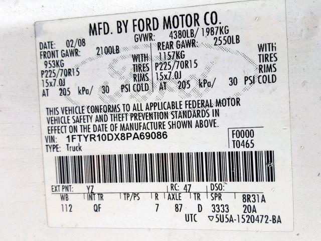 1FTYR10DX8PA69086 - 2008 FORD RANGER WHITE photo 10