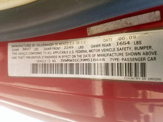 3VWRW31C39M518448 - 2009 VOLKSWAGEN NEW BEETLE 红色 照片 10