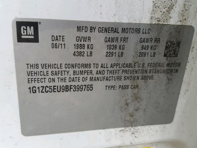 1G1ZC5EU9BF399765 - 2011 CHEVROLET MALIBU 1LT WHITE photo 10
