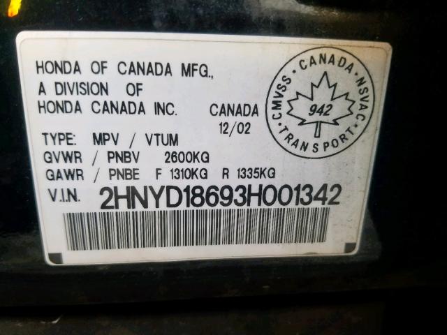 2HNYD18693H001342 - 2003 ACURA MDX TOURIN BLACK photo 10