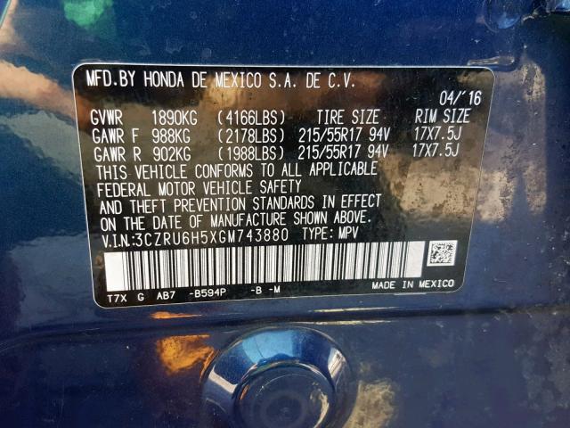 3CZRU6H5XGM743880 - 2016 HONDA HR-V EX BLUE photo 10