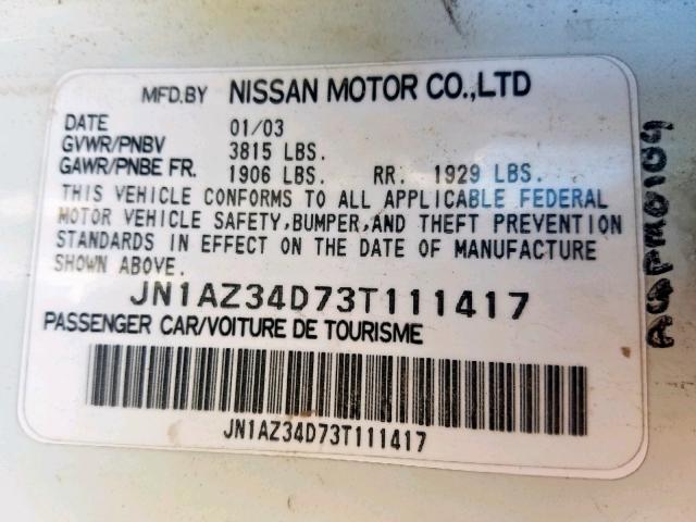 JN1AZ34D73T111417 - 2003 NISSAN 350Z COUPE WHITE photo 10