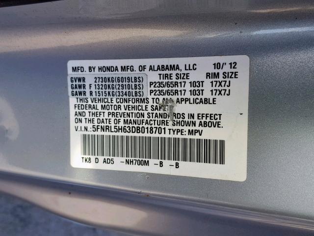 5FNRL5H63DB018701 - 2013 HONDA ODYSSEY EX SILVER photo 10