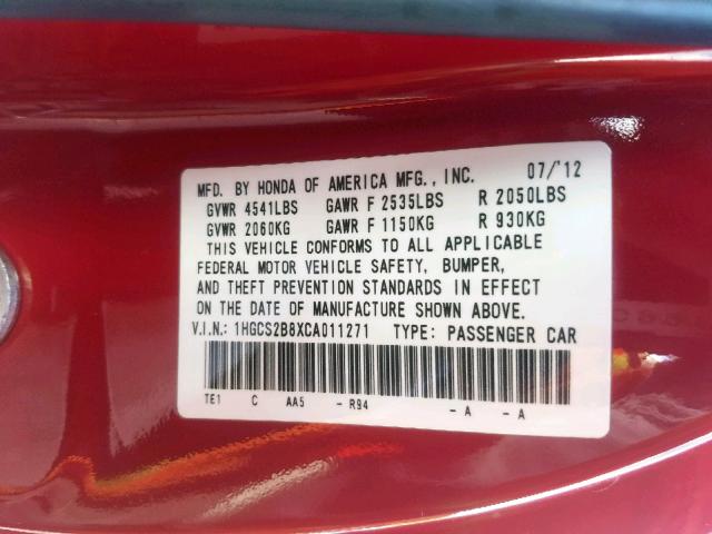 1HGCS2B8XCA011271 - 2012 HONDA ACCORD EXL RED photo 10