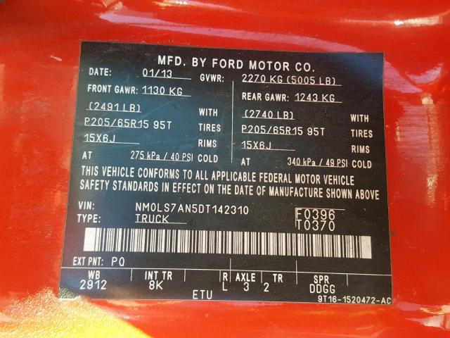 NM0LS7AN5DT142310 - 2013 FORD TRANSIT CO RED photo 10