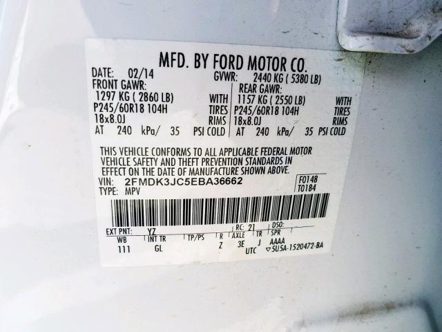 2FMDK3JC5EBA36662 - 2014 FORD EDGE SEL WHITE photo 10