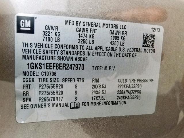 1GKS1EEF8ER247970 - 2014 GMC YUKON DENA BROWN photo 10