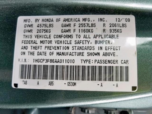 1HGCP3F86AA011010 - 2010 HONDA ACCORD EXL GREEN photo 10