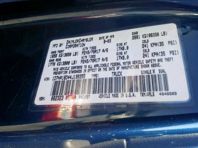 1D7HA16D44J138355 - 2004 DODGE RAM 1500 S BLUE photo 10