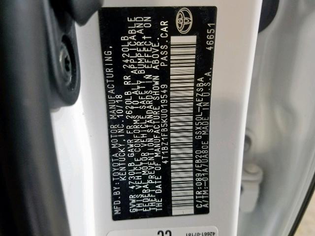 4T1BZ1FB5KU019549 - 2019 TOYOTA AVALON XLE WHITE photo 10