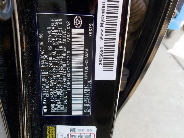 4T1BE46KX7U572220 - 2007 TOYOTA CAMRY CE BLACK photo 10