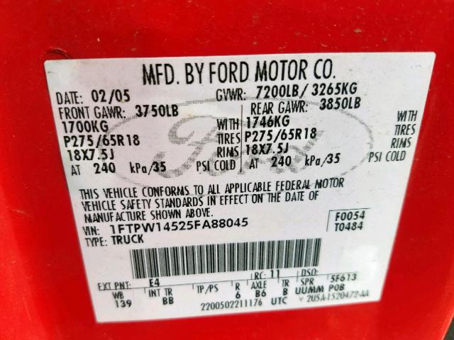 1FTPW14525FA88045 - 2005 FORD F150 SUPER RED photo 10