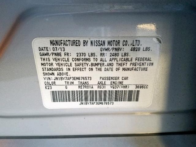 JN1BV7AP3EM676573 - 2014 INFINITI Q50 BASE SILVER photo 10