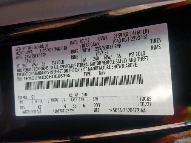 1FMCU9GD0HUE66395 - 2017 FORD ESCAPE SE Schwarz Foto 10