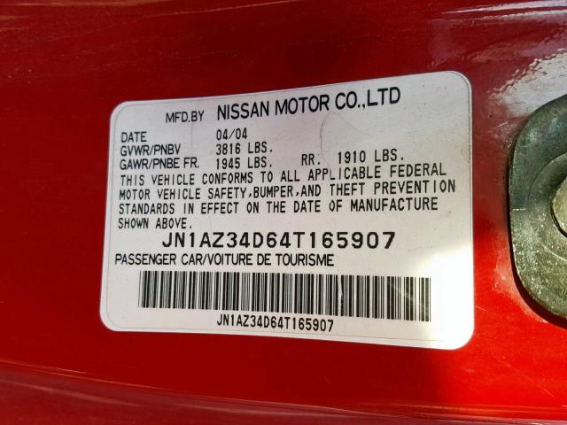 JN1AZ34D64T165907 - 2004 NISSAN 350Z COUPE RED photo 10