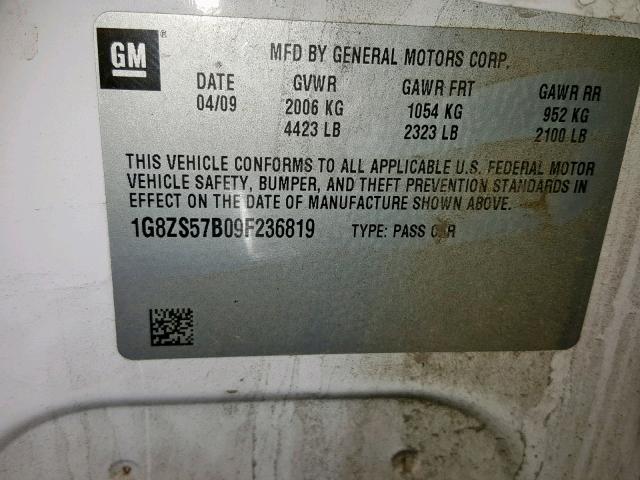 1G8ZS57B09F236819 - 2009 SATURN AURA XE WHITE photo 10