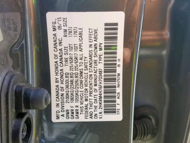 2HKRM4H76FH703487 - 2015 HONDA CR-V EXL GRAY photo 10