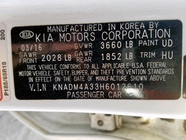 KNADM4A33H6012610 - 2017 KIA RIO LX WHITE photo 10