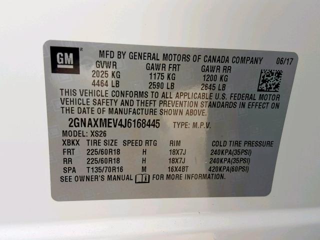 2GNAXMEV4J6168445 - 2018 CHEVROLET EQUINOX PR CREAM photo 10