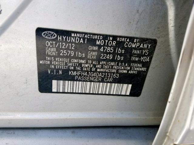 KMHFH4JG4DA213163 - 2013 HYUNDAI AZERA GLS GRAY photo 10