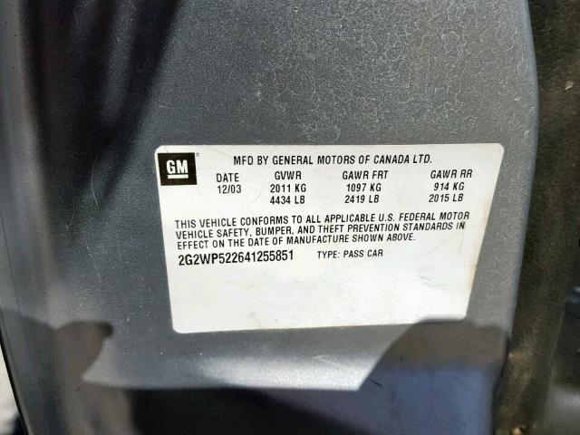 2G2WP522641255851 - 2004 PONTIAC GRAND PRIX SILVER photo 10