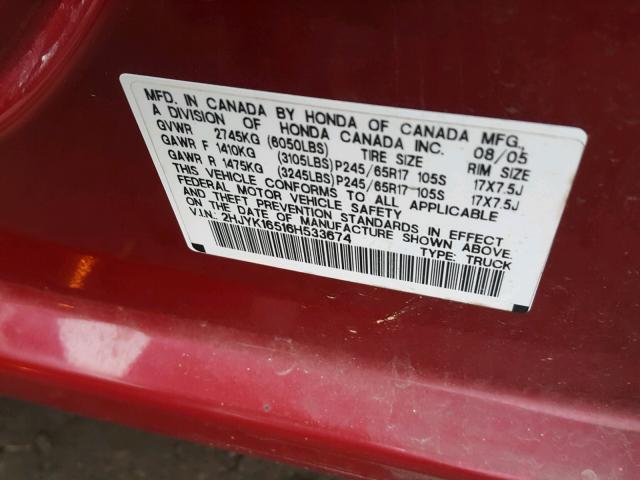 2HJYK16516H533674 - 2006 HONDA RIDGELINE RED photo 10