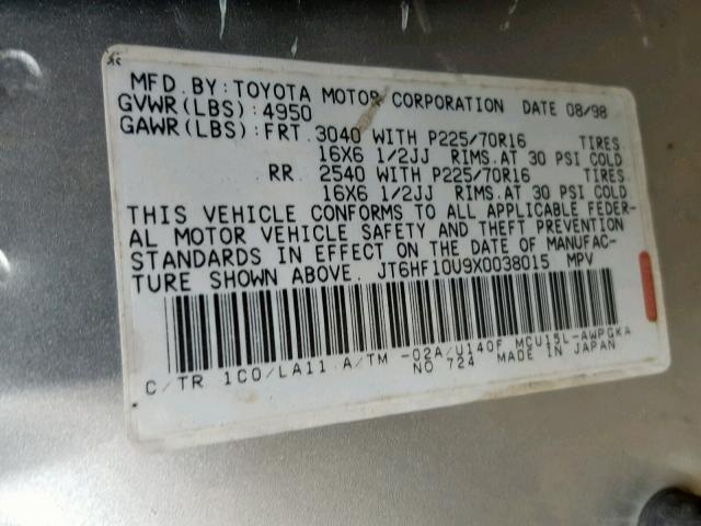 JT6HF10U9X0038015 - 1999 LEXUS RX 300 SILVER photo 10