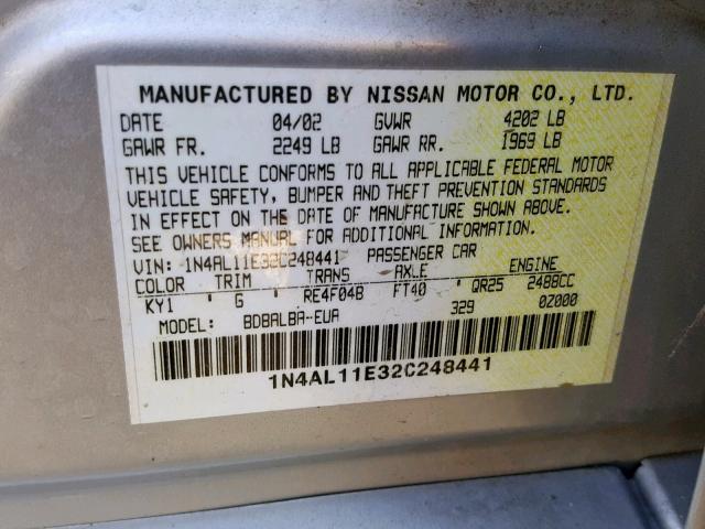 1N4AL11E32C248441 - 2002 NISSAN ALTIMA BAS SILVER photo 10