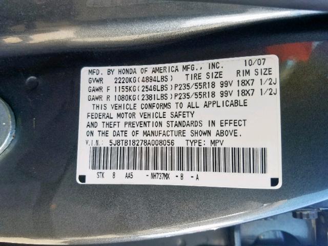 5J8TB18278A008056 - 2008 ACURA RDX GRAY photo 10