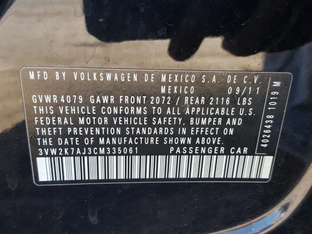3VW2K7AJ3CM335061 - 2012 VOLKSWAGEN JETTA BASE Սև լուսանկար 10