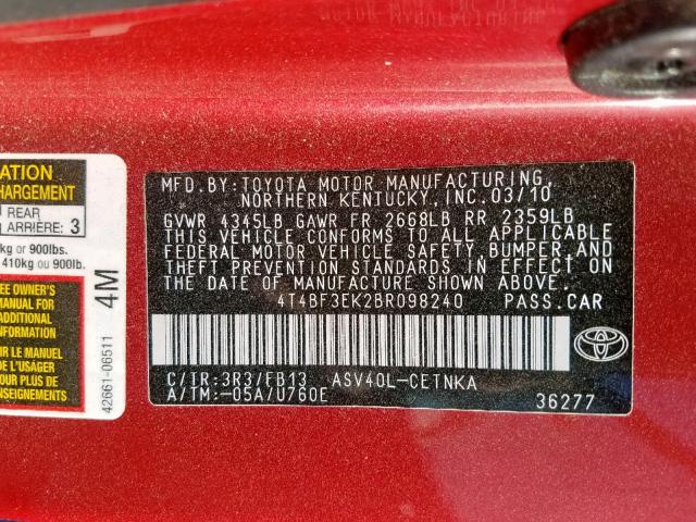 4T4BF3EK2BR098240 - 2011 TOYOTA CAMRY BASE RED photo 10