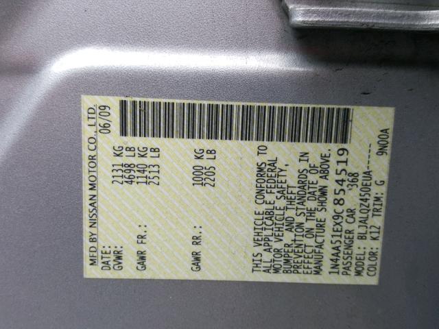 1N4AA51EX9C854519 - 2009 NISSAN MAXIMA S SILVER photo 10