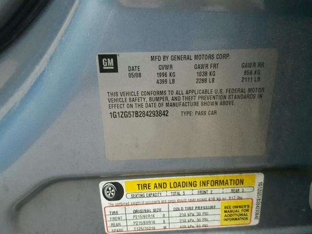 1G1ZG57B284293842 - 2008 CHEVROLET MALIBU LS 蓝色 照片 10