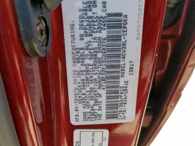 4T1BE32K13U260376 - 2003 TOYOTA CAMRY LE RED photo 10