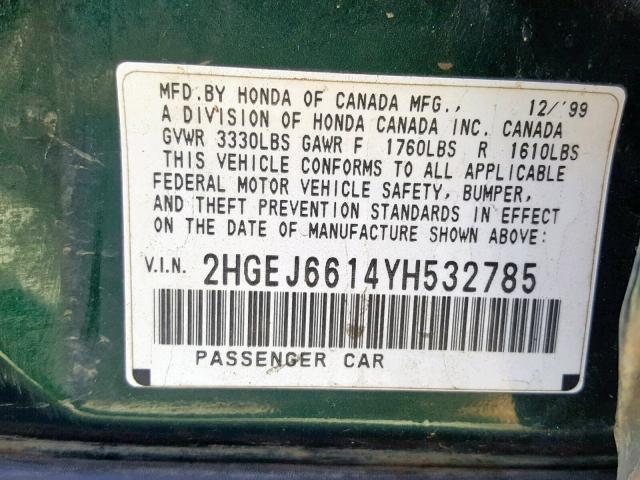 2HGEJ6614YH532785 - 2000 HONDA CIVIC BASE GREEN photo 10