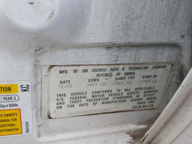 KL1TD56687B130320 - 2007 CHEVROLET AVEO BASE Ağ foto 10