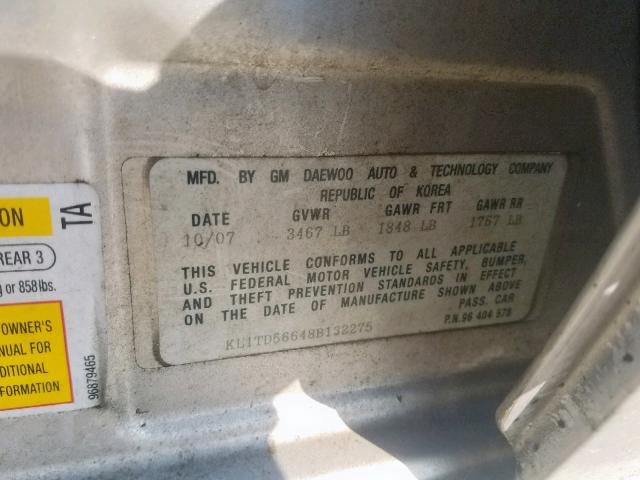 KL1TD56648B132275 - 2008 CHEVROLET AVEO BASE Gümüş foto 10