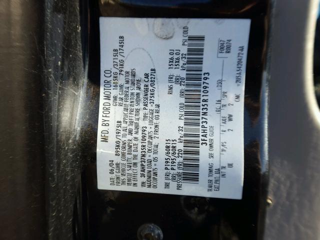 3FAHP37N35R109793 - 2005 FORD FOCUS ZX5 BLACK photo 10