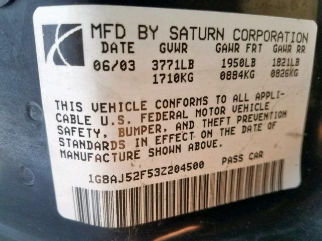 1G8AJ52F53Z204500 - 2003 SATURN ION LEVEL BLUE photo 10