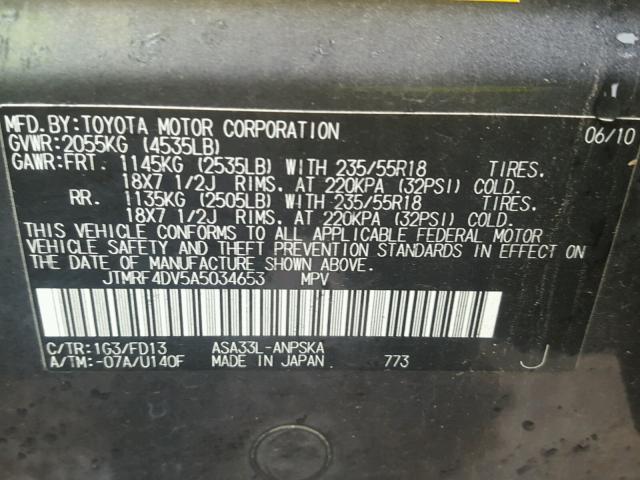 JTMRF4DV5A5034653 - 2010 TOYOTA RAV4 SPORT SILVER photo 10