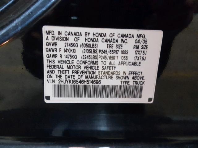 2HJYK16546H514696 - 2006 HONDA RIDGELINE BLACK photo 10